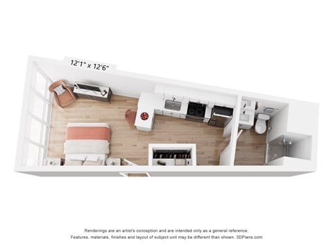 Floor plan for studio, 1 bath, 407 sqft